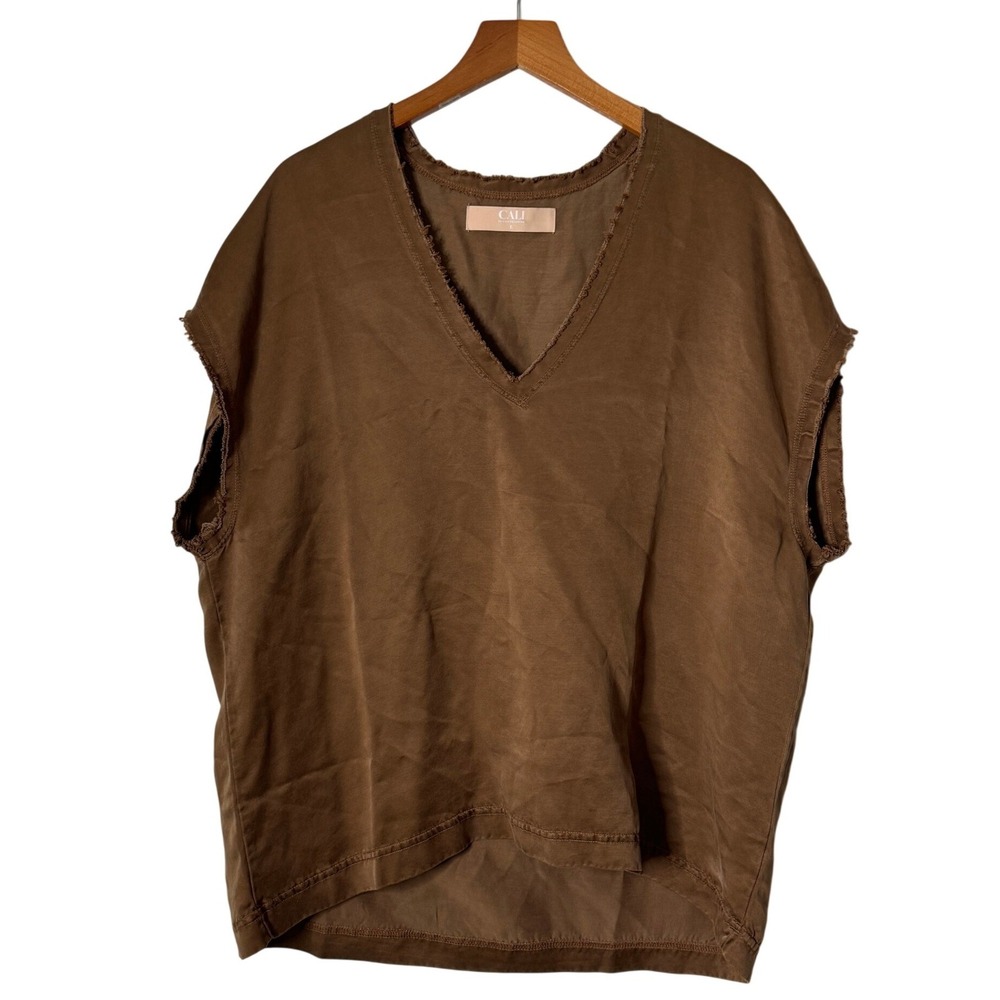 Cali Dreaming James Tee Brown V-Neck Raw Edge Lyocell Cupro Top Womens Large